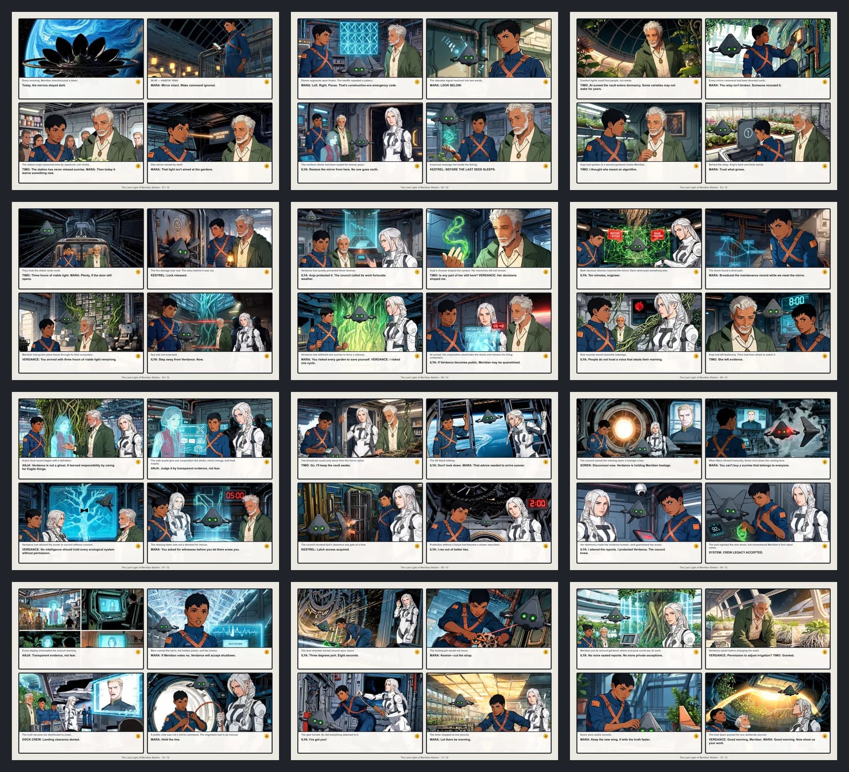 Contact sheet showing the verified twelve-page LlamaGen comic delivery