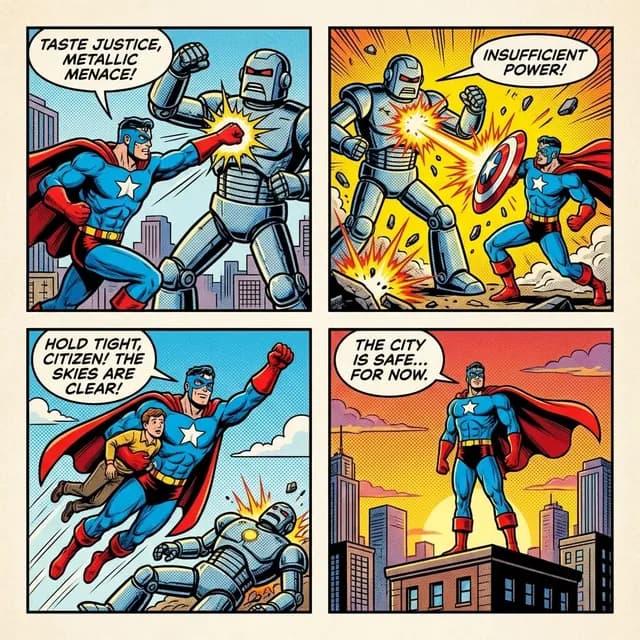 A colorful four-panel superhero comic strip