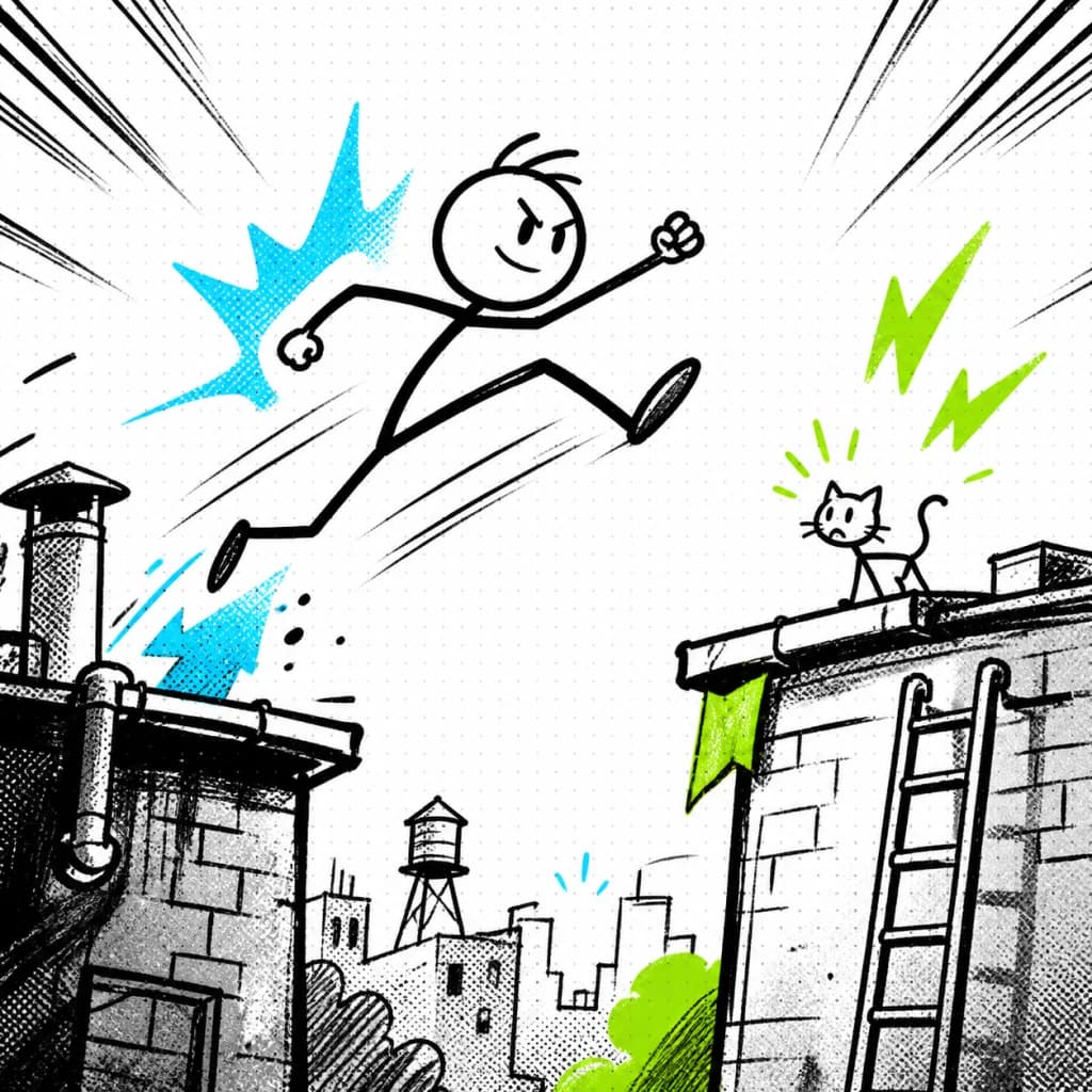 A hand-drawn stick figure hero leaping between rooftops to rescue a cat