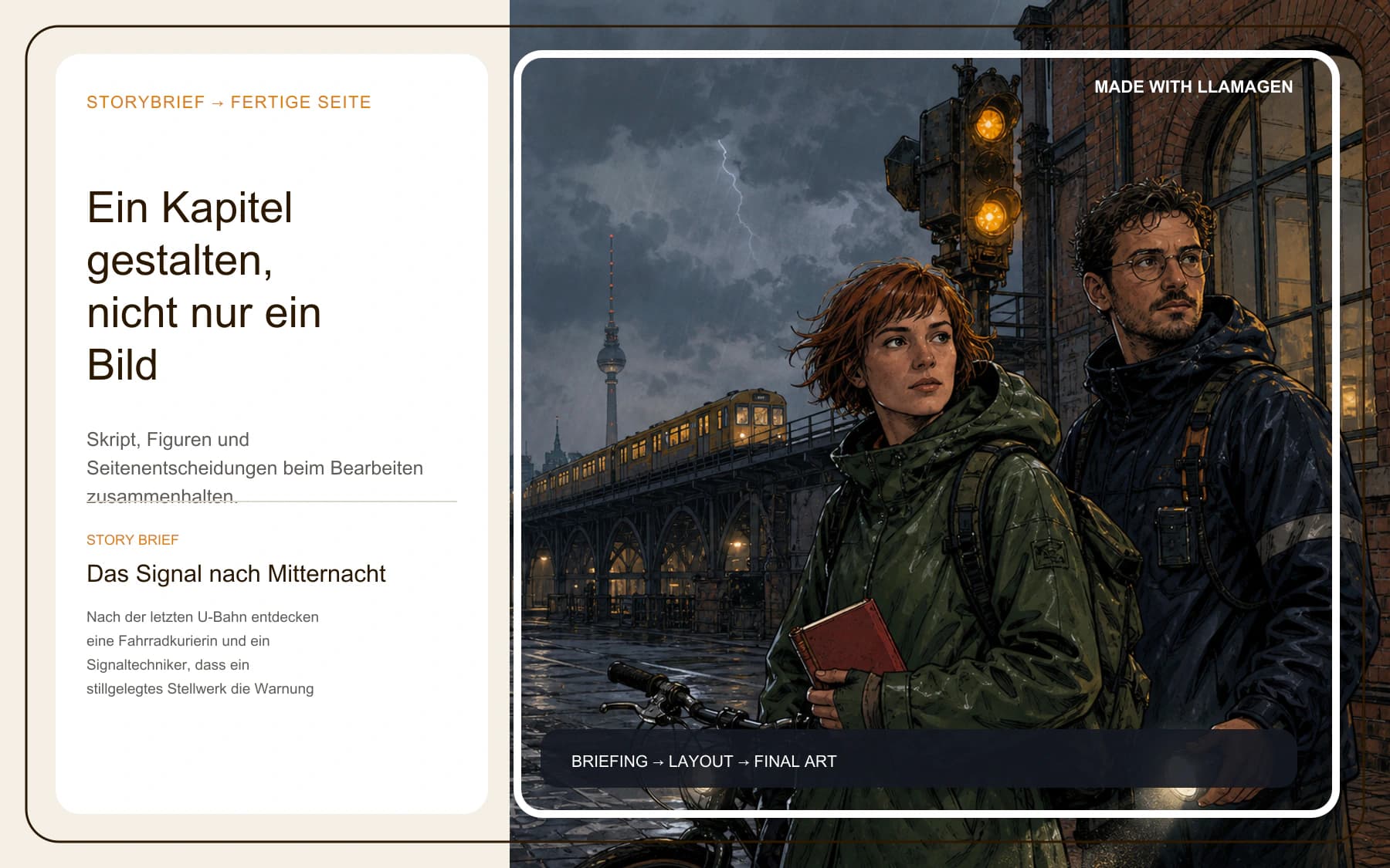 Deutsches Manga-Maker-Prozessposter mit Storybrief, Layout und fertiger Berliner Comicillustration