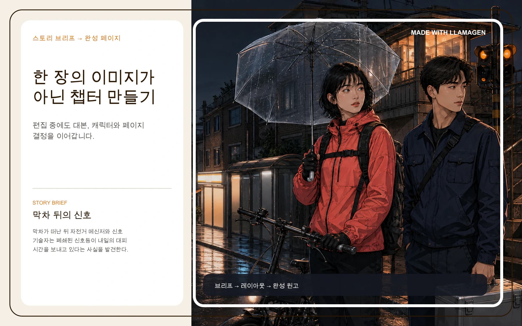 서울 오리지널 스토리 브리프와 레이아웃, 완성 그림을 보여 주는 한국어 Manga Maker 포스터