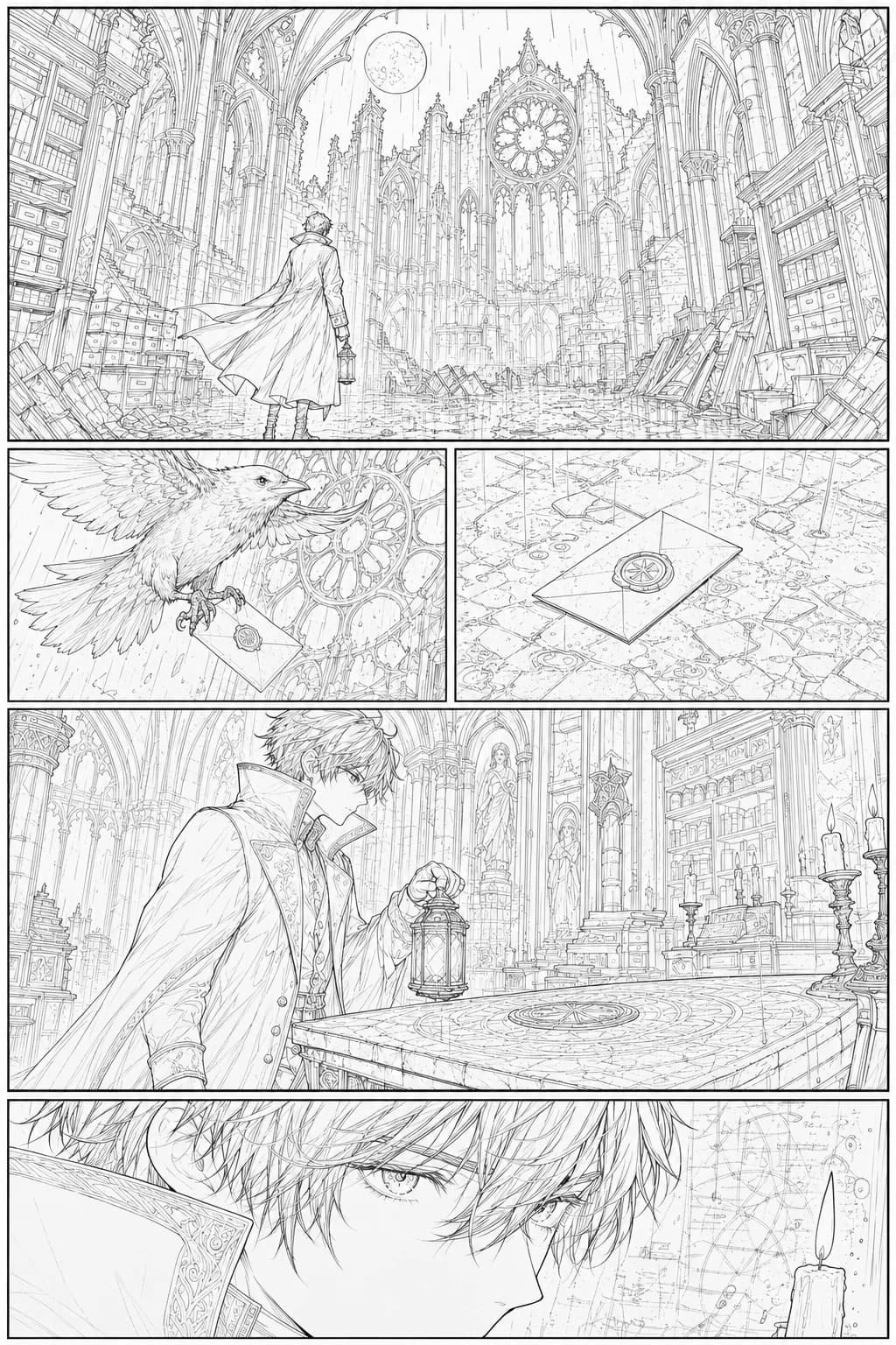 Scena gotičkog katedralnog arhiva, line art prolaz — manga stranica obojena uz LlamaGen