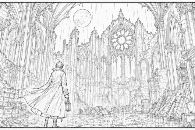 AI renklendirme öncesi lineart manga paneli - gotik arşiv sahnesi