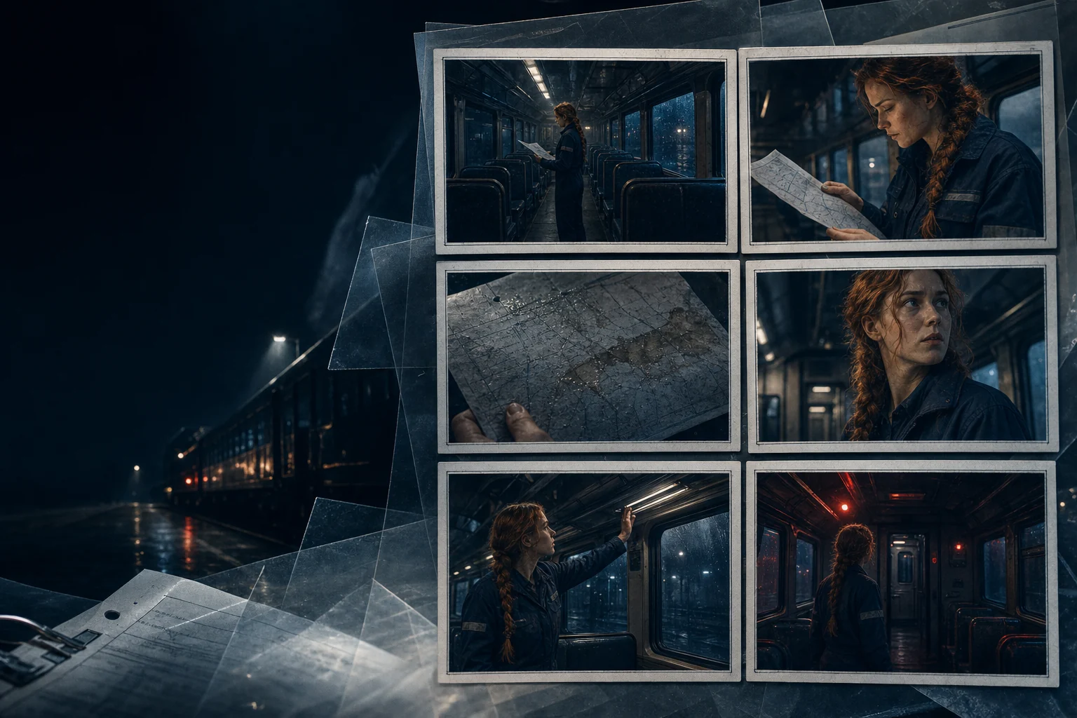 Six ordered storyboard frames carrying one screenplay scene into a consistent cinematic shot sequence