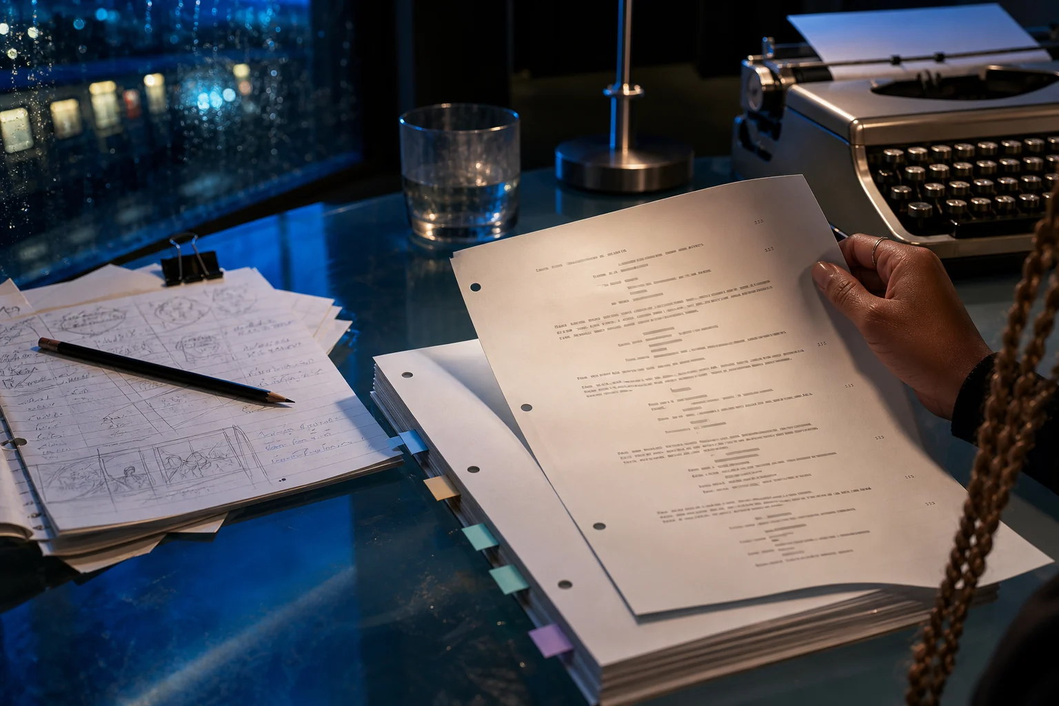 A cinematic writing desk with screenplay pages arranged beside a typewriter under blue and amber light