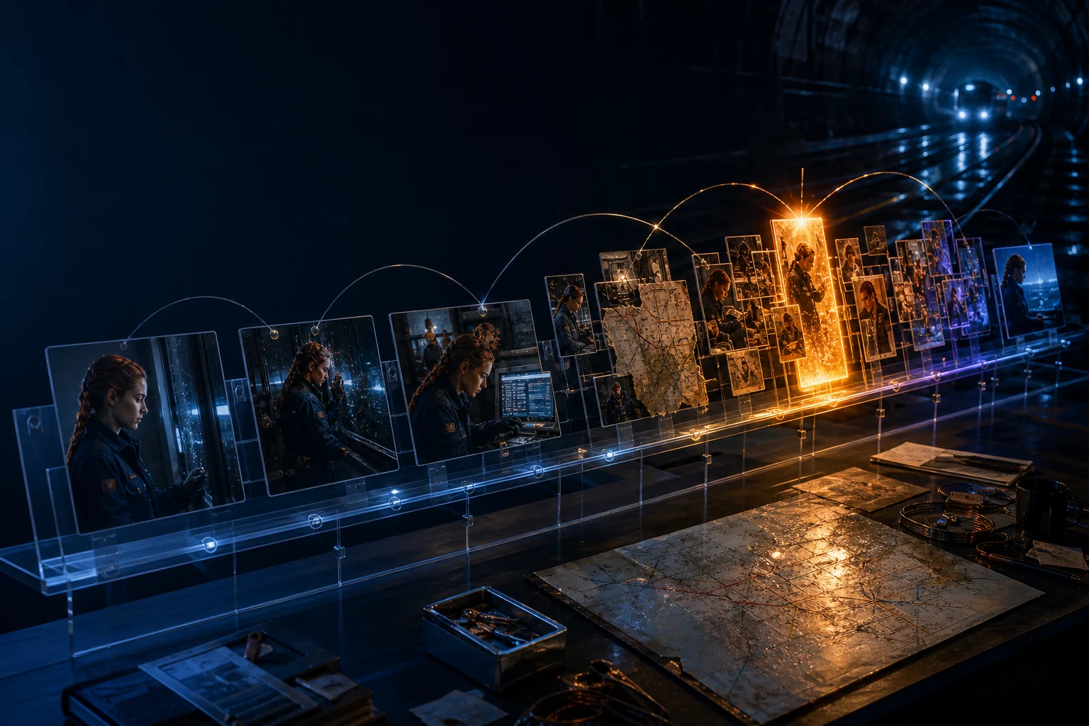 A physical screenplay structure timeline building through scene cards toward a bright turning point