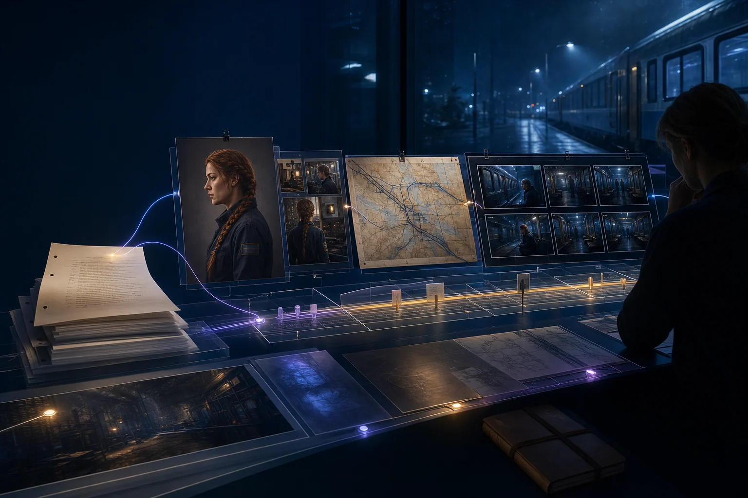 An integrated screenwriting workspace connecting screenplay pages, character development, story structure, and storyboard frames