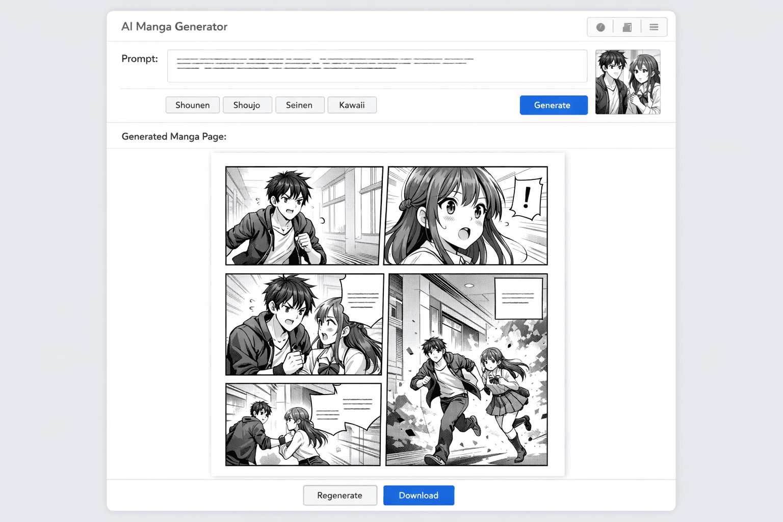 複数コマのマンガページを作成するAIマンガストーリージェネレーター画面