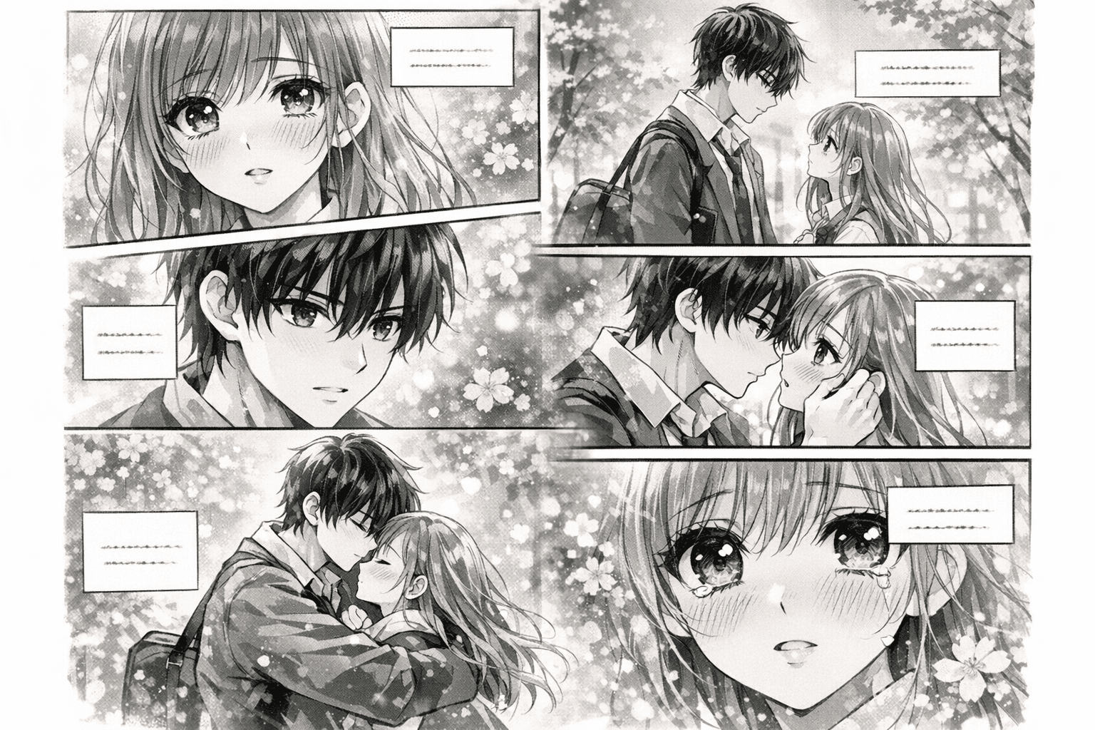 感情豊かなマンガページ全体を表示したAI少女マンガジェネレーターの作例