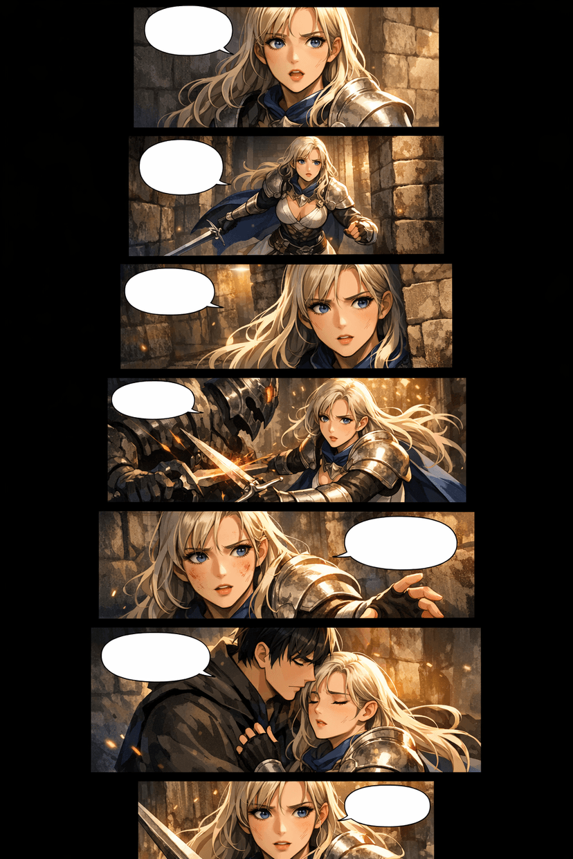 Dramatik fantastik sahneler ve profesyonel kaydırmalı format içeren dikey webtoon panelleri