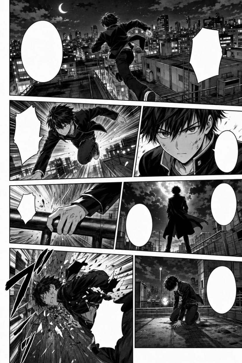 Çatı üstü hareket hissi taşıyan siyah beyaz manga stilinde aksiyon dolu webtoon panel dizisi