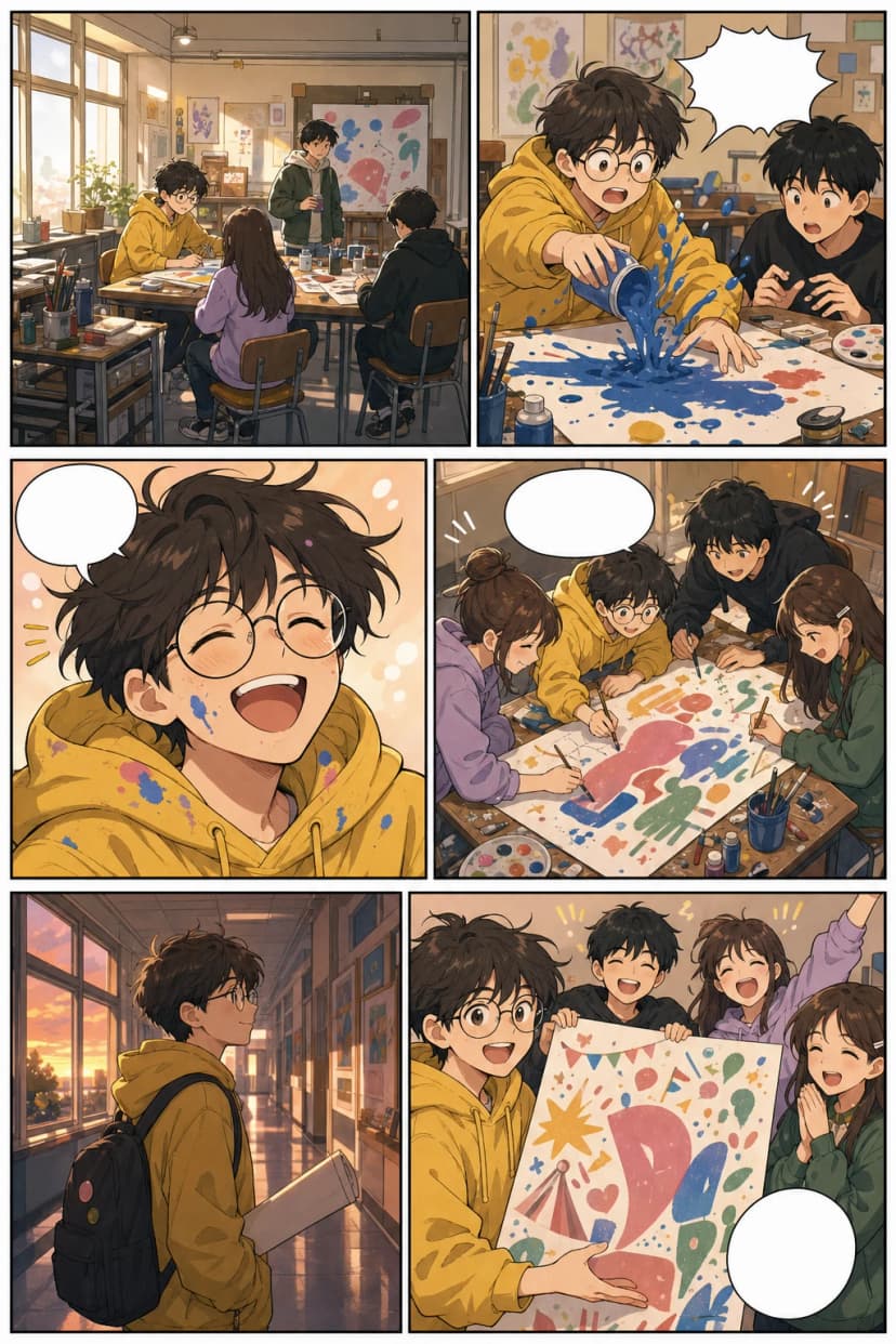 Okul sanat kulübü panelleri ve sıcak mobil format içeren slice-of-life dikey webtoon sayfası