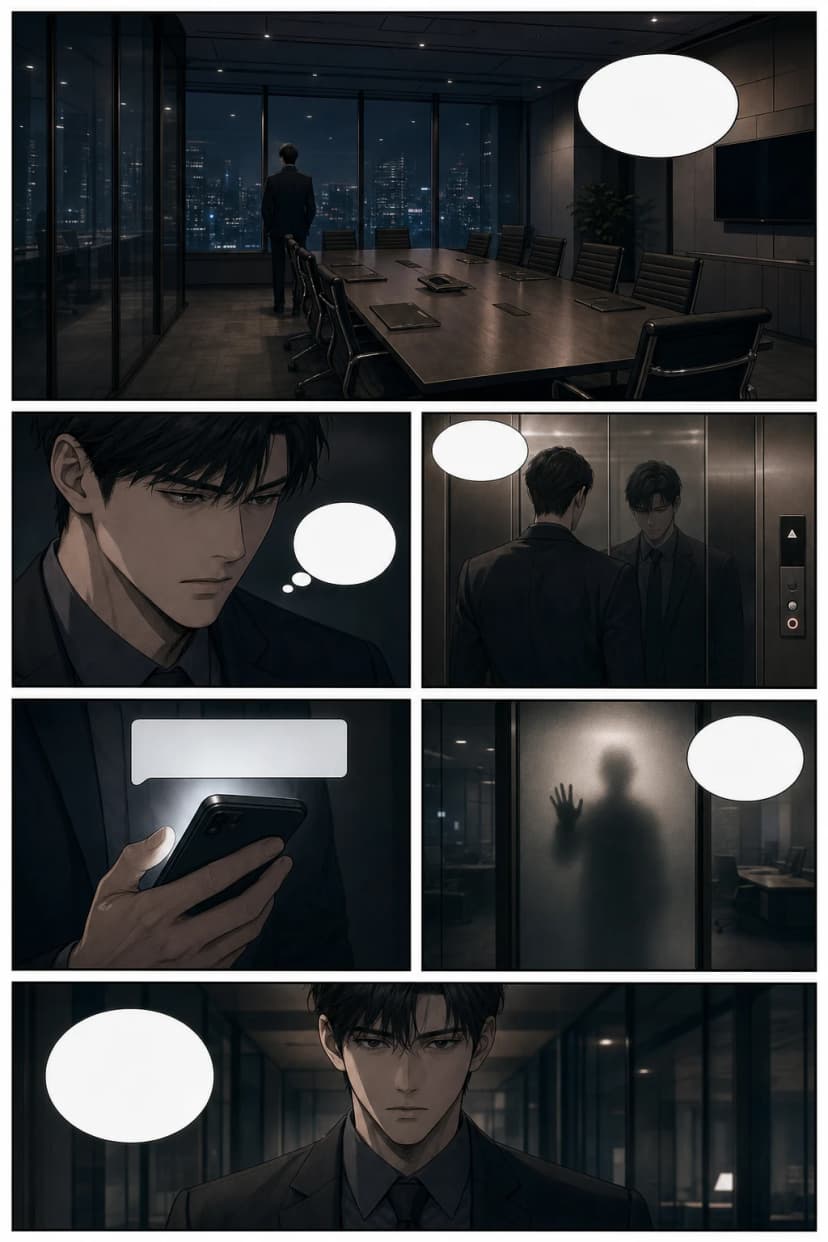 Sinematik ofis gerilimi ve dikey kaydırma temposu içeren thriller manhwa webtoon sayfası