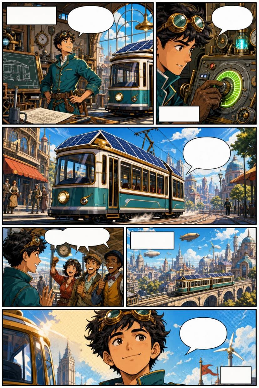 Retro-fütürist bir mucit ve güçlü dikey paneller içeren western comic webtoon sayfası