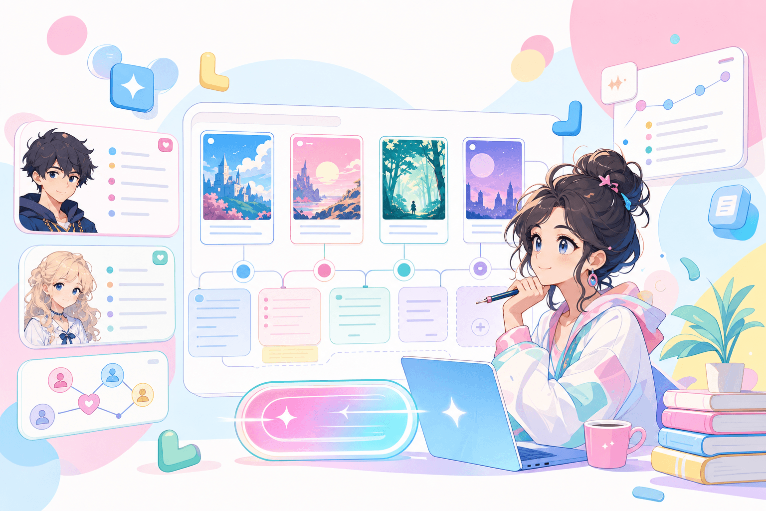 Velika style Story AI workspace with chapters outline and character notes