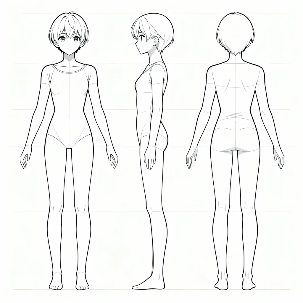 Anime character sheet with three orthographic views