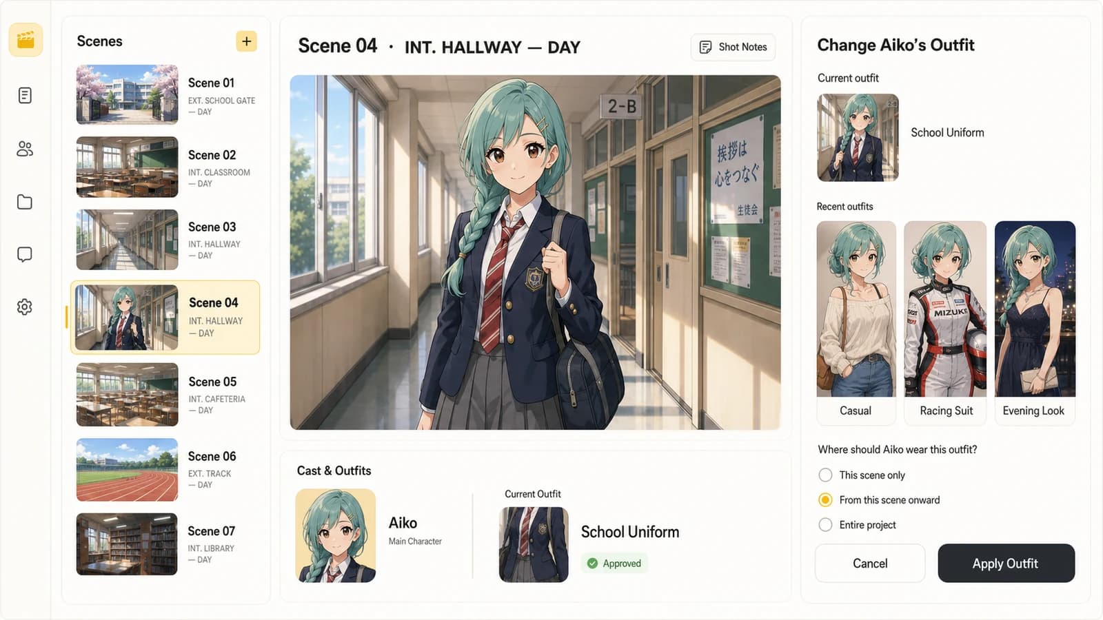LlamaGen anime storyboard interface showing a consistent anime heroine and controls for applying an outfit from the current scene onward