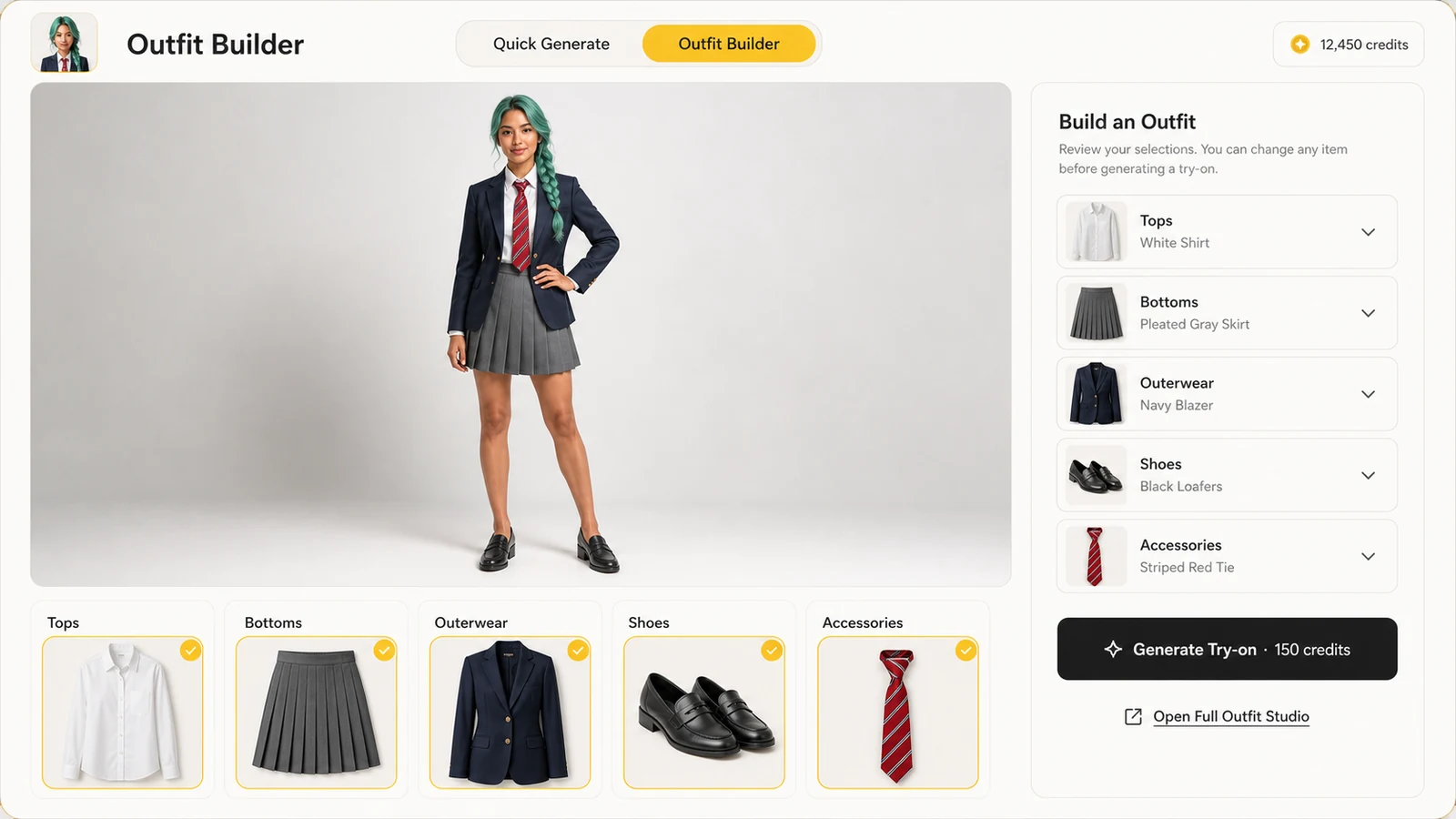 LlamaGen Outfit Builder showing a photorealistic character, five reusable garment categories, and a generated try-on action