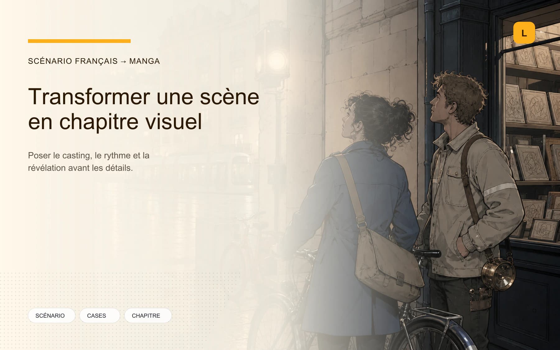 Affiche française du générateur de manga IA avec une histoire lyonnaise originale et des personnages récurrents