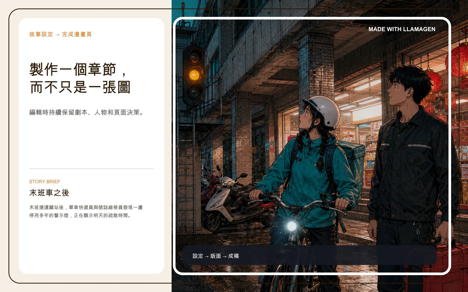 繁中 Manga Maker 製作流程海報,展示臺北原創劇本、版面與完成漫畫視覺