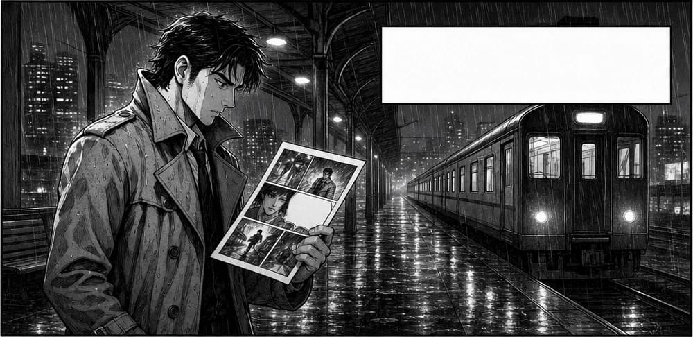Extracted manga establishing panel with detective on rainy platform