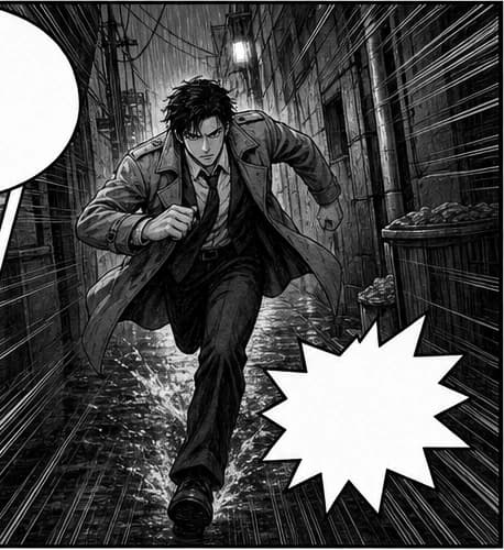 Extracted manga action panel with detective running through an alley