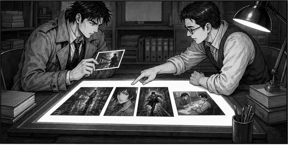 Extracted manga handoff panel with detective and editor at a layout table