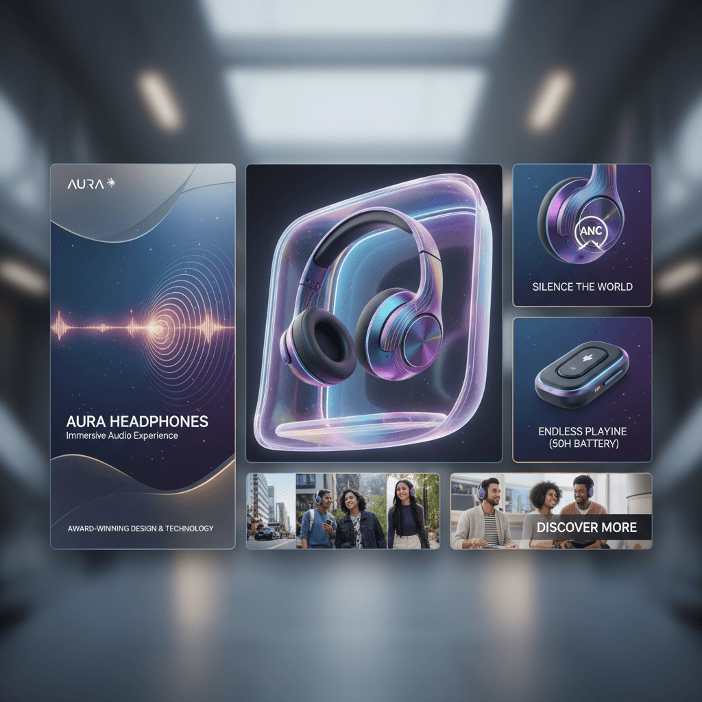 Premium liquid glass Bento grid product infographic with 8 modules