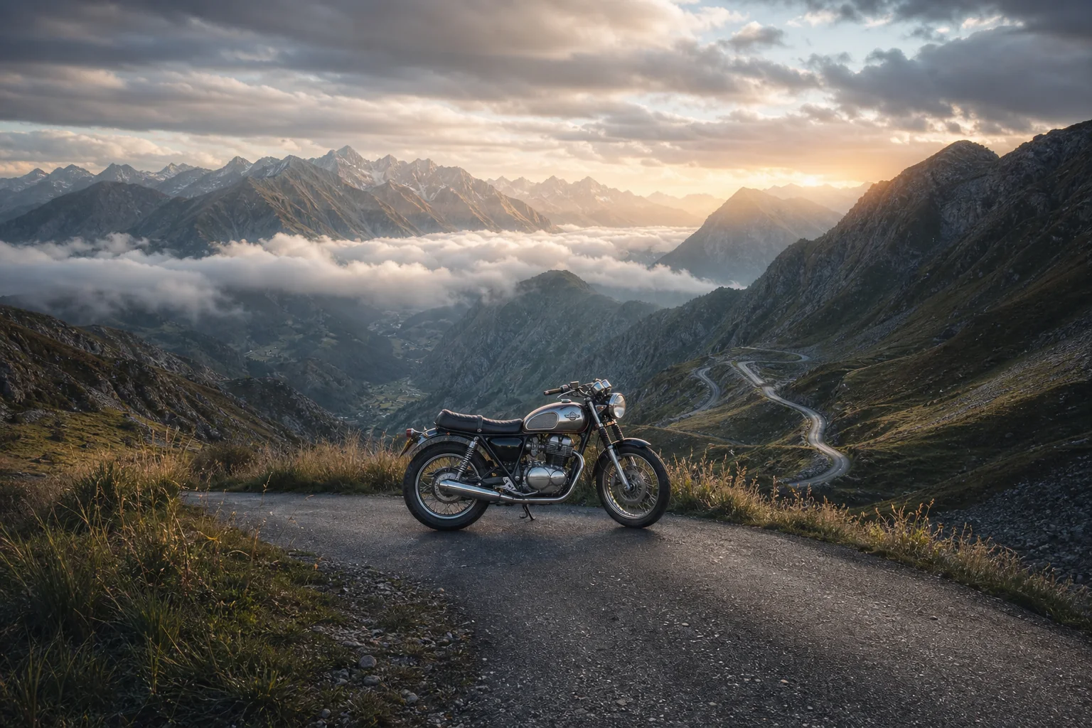 Motorcycle photo expanded into a wide alpine road and mountain panorama