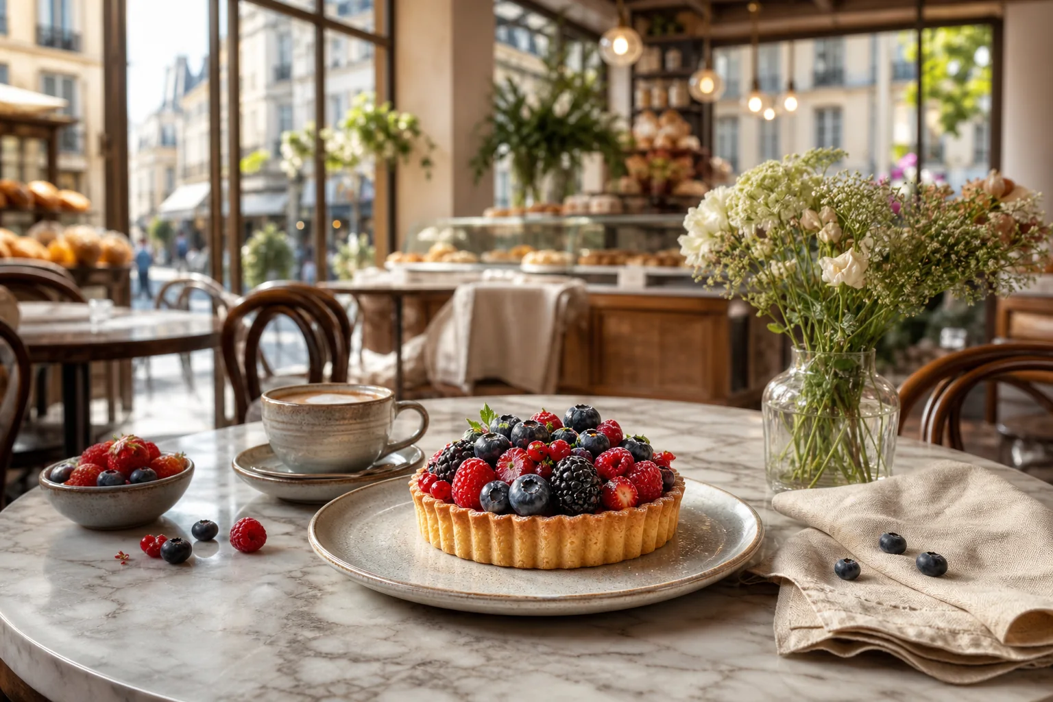 Berry tart product photo expanded into a bright café lifestyle scene