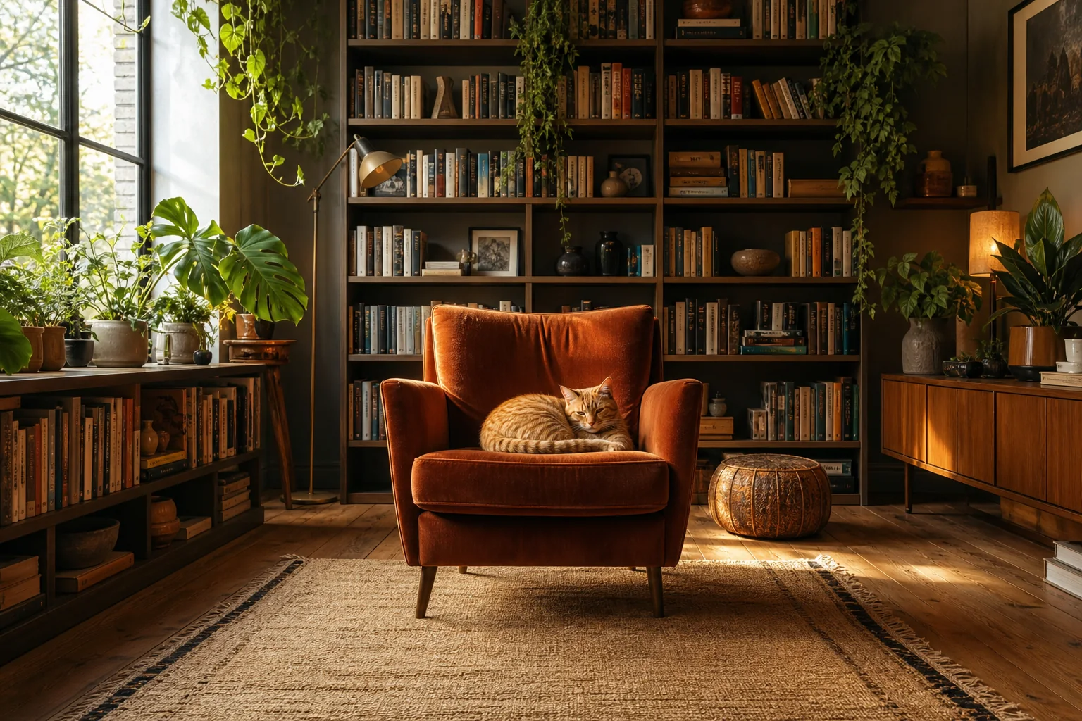 Cat portrait expanded into a warm reading room interior