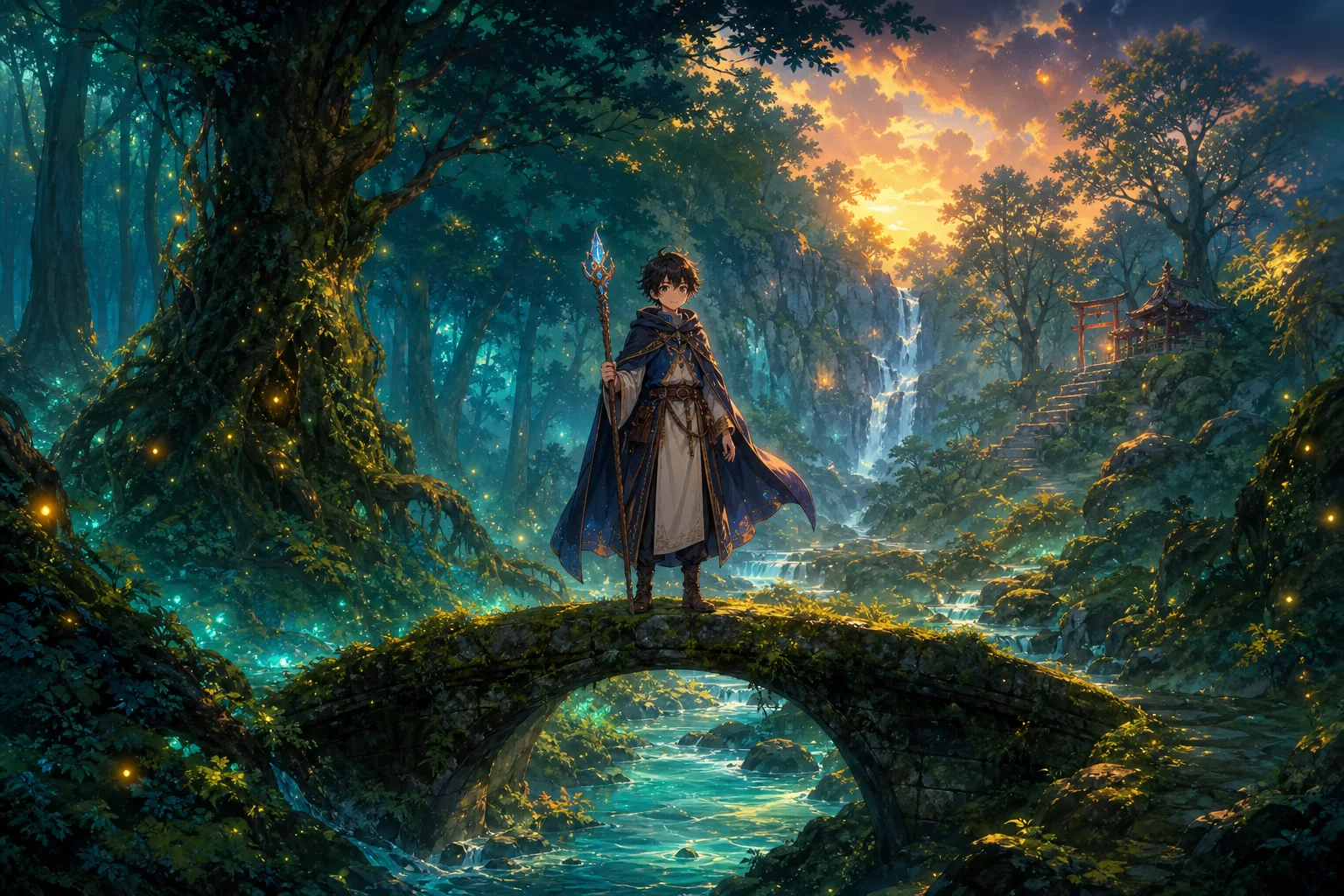 Anime mage illustration expanded into a detailed enchanted forest environment