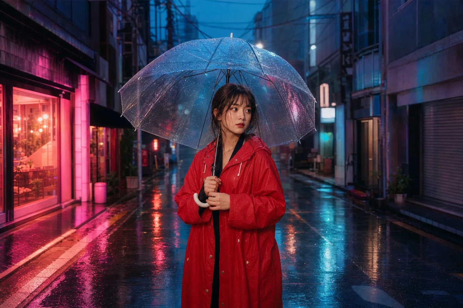 Street portrait extended sideways into a neon rainy city scene