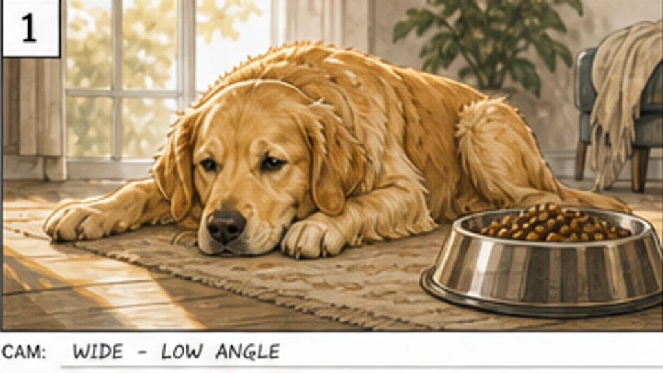Cadru de storyboard publicitar cu un golden retriever obosit lângă un bol cu mâncare neatins