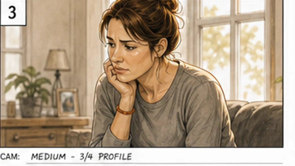 Cadru de storyboard publicitar cu un stăpân îngrijorat pe canapea