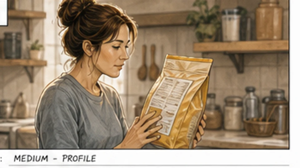 Cadru de storyboard publicitar cu un stăpân care verifică ingredientele de pe ambalajul hranei pentru câini