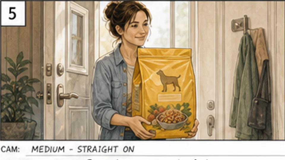 Cadru de storyboard publicitar cu un stăpân care intră cu un sac premium de hrană pentru câini