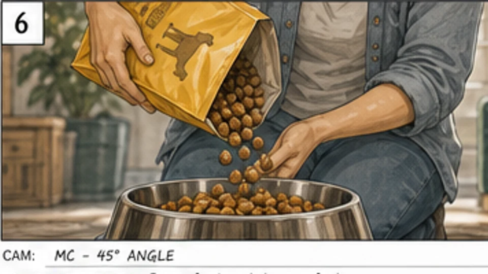 Prim-plan de storyboard publicitar cu hrană proaspătă pentru câini turnată într-un bol