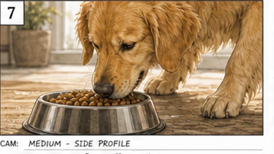 Cadru lateral de storyboard publicitar cu un golden retriever care miroase noua masă
