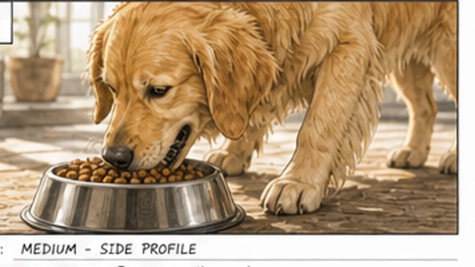 Cadru lateral de storyboard publicitar cu un golden retriever care mănâncă noua hrană