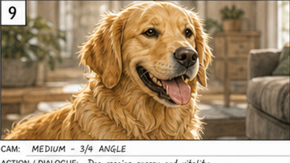 Prim-plan de storyboard publicitar cu un golden retriever care arată sănătos și plin de energie