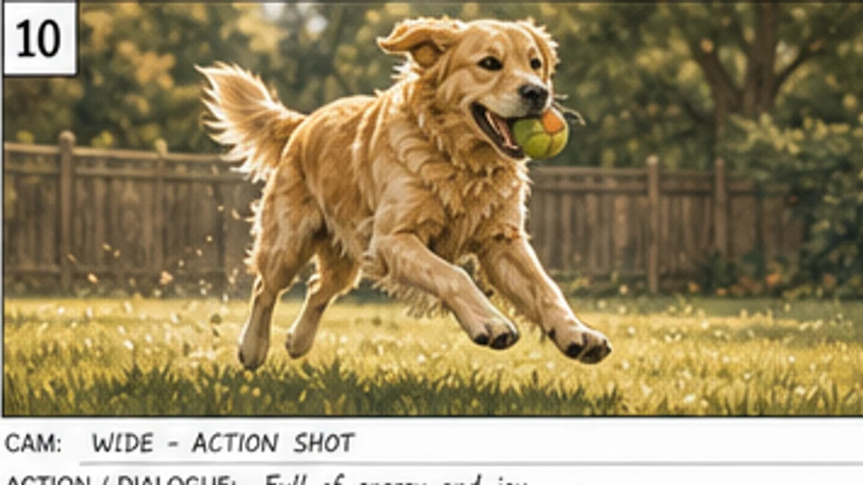 Cadru de acțiune de storyboard publicitar cu un golden retriever energic alergând cu o jucărie