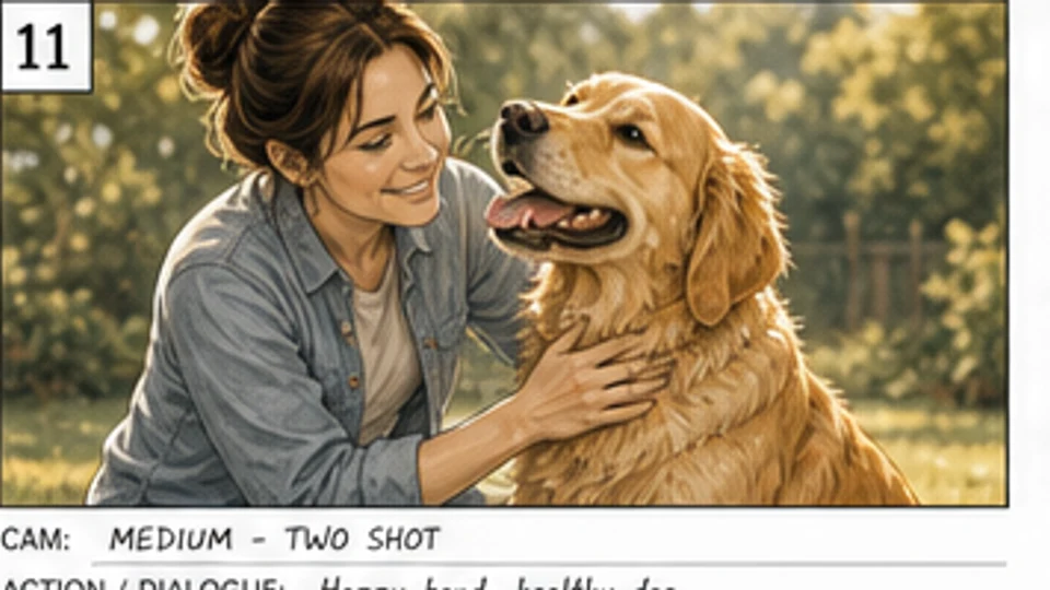 Cadru dublu de storyboard publicitar cu un stăpân fericit, un golden retriever sănătos și punga produsului