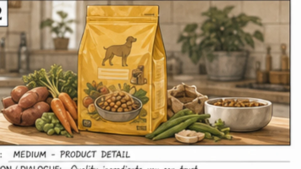 Cadru detaliu de produs în storyboard publicitar cu pungă de hrană pentru câini și ingrediente proaspete