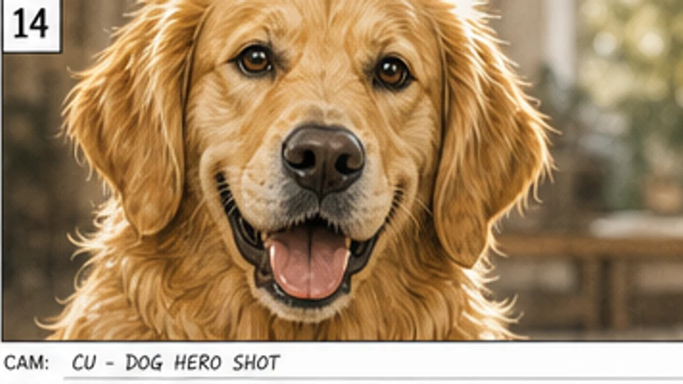 Prim-plan hero de storyboard publicitar cu un golden retriever sănătos