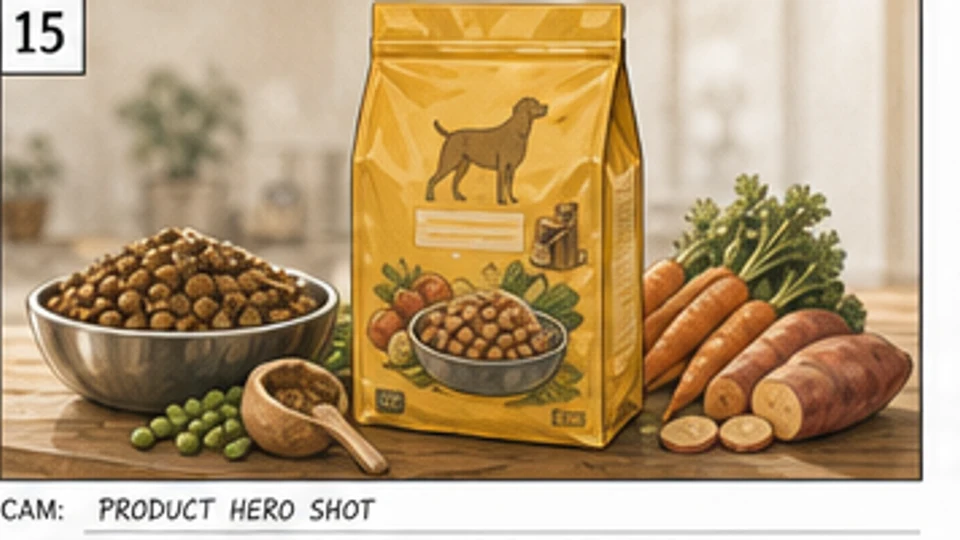 Cadru hero de produs în storyboard publicitar cu pungă de hrană pentru câini, bol și legume