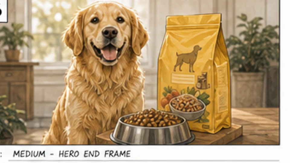 Cadru hero de storyboard publicitar cu un golden retriever fericit lângă o pungă premium de hrană pentru câini